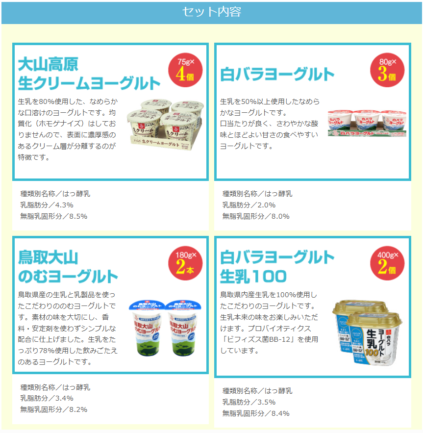 🐄送料無料🐄白バラ 4種類のこだわりヨーグルト食べ比べセット|生乳100・大山高原・のむヨーグルト