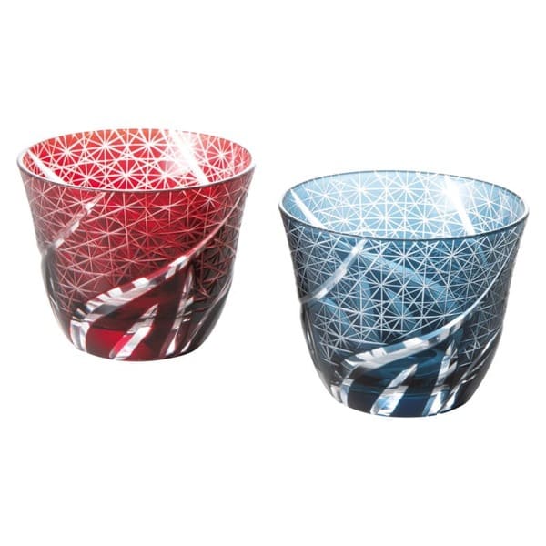 送料無料🥃吉兆切子🥃グラスペアセット｜インクブルー×銅赤の美しき光と影のきらめき（各約100ml・化粧箱入り）